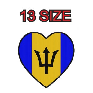Könnte beinhalten: Ein herzförmiger Patch mit der Flagge von Barbados. Die Flagge ist gelb mit einem blauen vertikalen Streifen auf der linken Seite und einem schwarzen Dreizack in der Mitte.