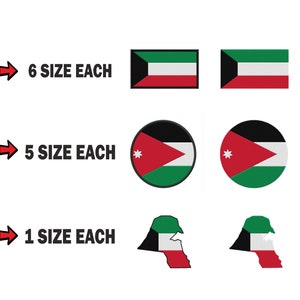 May include: A graphic design image showing six different sizes of the flag of Kuwait, five different sizes of the flag of Jordan, and one size each of the outlines of Kuwait and Jordan with their respective flags inside. The text "6 SIZE EACH", "5 SIZE EACH", and "1 SIZE EACH" are shown next to arrows pointing to the flags.