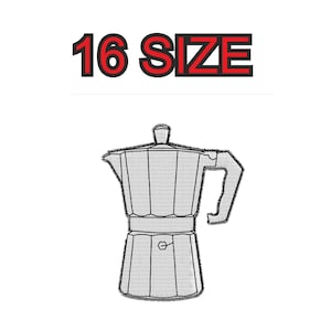 Peut inclure: Un dessin au trait noir et blanc d'une cafetière, étiquetée "16 SIZE".