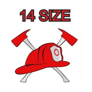 Peut inclure: Un casque de pompier rouge avec deux haches croisées, le texte "14 SIZE" est au-dessus du casque.