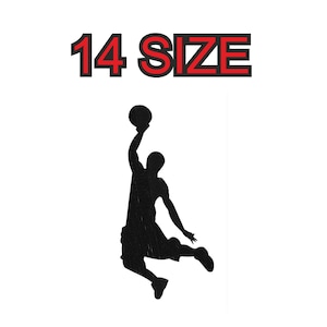 Peut inclure: Silhouette d'un joueur de basket-ball en plein vol, dunkant un ballon. Le joueur porte un maillot et un short. Le texte "14 SIZE" est au-dessus du joueur.