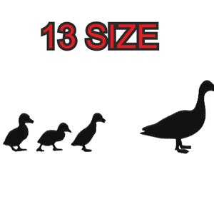 Peut inclure: Silhouette de quatre canards, trois petits canards en rang, suivis d'un canard plus grand. Le texte "13 SIZE" est au-dessus des canards.