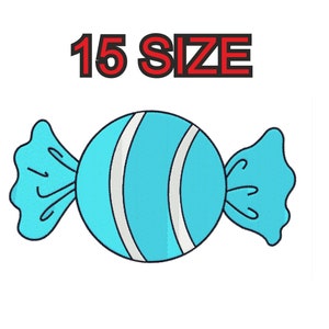 Può includere: Un caramello blu con strisce bianche avvolto in un involucro blu. Il testo "15 SIZE" è sopra il caramello.