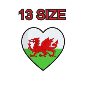 Peut inclure: Un dragon rouge avec des rayures blanches et vertes dans une forme de cœur. Le texte "13 SIZE" est au-dessus du cœur.