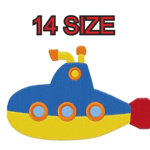 Peut inclure: Une broderie de sous-marin coloré bleu, jaune et rouge. Le sous-marin a trois hublots et deux tuyaux d'échappement. Le texte "14 SIZE" est au-dessus du sous-marin.