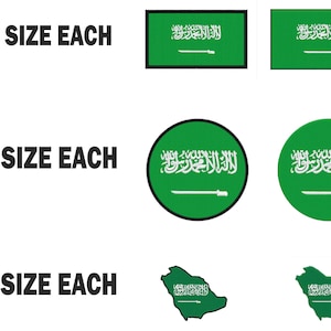 Puede incluir: Un conjunto de parches de la bandera de Arabia Saudita en tres tamaños y formas diferentes. Hay 6 parches rectangulares, 5 parches redondos y 1 contorno del país de Arabia Saudita. Los parches son verdes con una inscripción blanca y una espada blanca.