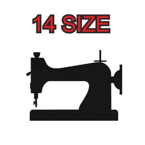 Peut inclure: Silhouette noire d'une machine à coudre vintage sur fond blanc. Au-dessus, le texte "14 SIZE" en rouge avec un contour noir. L'image est une représentation graphique simple.