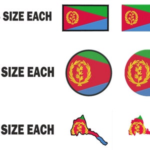 Peut inclure: Six patchs de drapeau érythréen de différentes tailles, cinq patchs de cercle de drapeau érythréen de différentes tailles et deux patchs de contour de drapeau érythréen de différentes tailles.