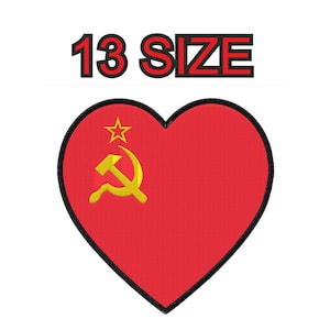 May include: A heart-shaped embroidered patch featuring a red background with a yellow hammer and sickle symbol and a star in the upper left corner. The patch has a thick black border and the text 13 SIZE is printed in black above the heart.