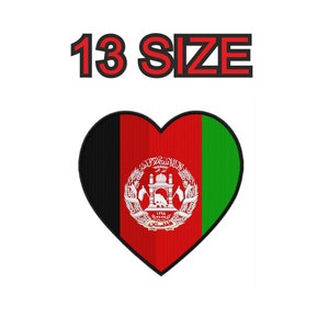 Peut inclure: Un patch en forme de cœur rouge avec le drapeau de l'Afghanistan. Le drapeau présente une bande verticale noire, une bande verticale rouge et une bande verticale verte. Au centre du drapeau se trouve l'emblème national de l'Afghanistan, qui est une mosquée blanche avec un minaret et une inscription blanche en arabe. Le texte "13 SIZE" est au-dessus du patch en forme de cœur.