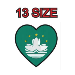 May include: A heart-shaped embroidered patch featuring the green flag of Macau with a white lotus flower emblem and five yellow stars above it. The text 13 SIZE is printed in black with a red outline above the heart-shaped patch design.