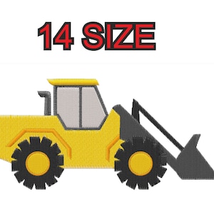 Könnte beinhalten: Eine gelbe und schwarze Cartoon-Illustration eines Baumaschinens, eines Radladers, mit einer großen Schaufel. Der Text "14 SIZE" befindet sich über dem Bild.