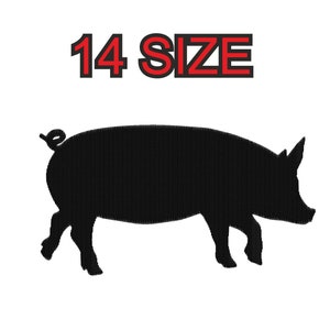 Peut inclure: Silhouette noire d'un cochon, vu de profil, marchant vers la droite. Le texte "14 SIZE" est au-dessus du cochon.