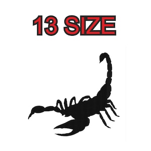Peut inclure: Silhouette noire d'un scorpion avec le texte "13 SIZE" au-dessus.