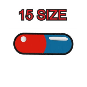 May include: Red and blue pill shaped embroidered patch with white details. 15 SIZE.