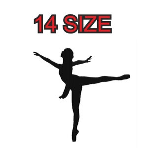 Peut inclure: Silhouette d'une ballerine en tenue de danse noire et chaussons de pointe, avec le texte "14 SIZE" au-dessus.