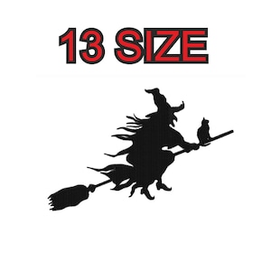 Peut inclure: Silhouette noire d'une sorcière volant sur un balai avec un chat noir assis sur le manche. La sorcière a les cheveux longs et porte un chapeau pointu.