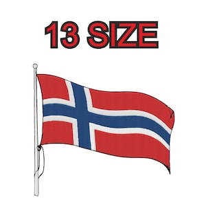 May include: A red, white, and blue flag of Norway with a white pole. The flag is waving in the wind. The text "13 SIZE" is above the flag.