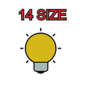 Peut inclure: Une icône de ampoule jaune avec des contours noirs et une base grise. Le texte "14 SIZE" est au-dessus de l'icône.
