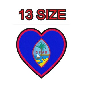May include: A red heart-shaped patch with a blue background and the flag of Guam in the center. The flag features a blue and white sailboat, a palm tree, and the word "GUAM" in white letters. The heart has a red outline.