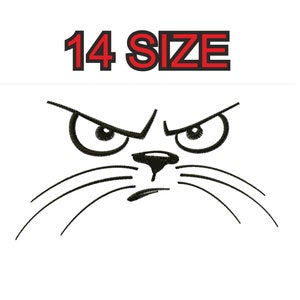 Peut inclure: Illustration en noir et blanc d'un visage de chat en colère avec le texte "14 SIZE" au-dessus.