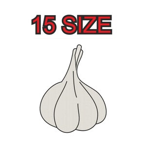 Peut inclure: Un dessin au trait d'une gousse d'ail avec un remplissage blanc et un contour noir. Le texte "15 SIZE" est au-dessus de la gousse d'ail en rouge.