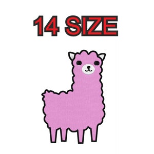 Peut inclure: Un lama rose en dessin animé avec des contours noirs et des yeux blancs. Le lama est debout sur ses quatre pattes. Le texte "14 SIZE" est au-dessus du lama.