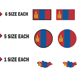 Peut inclure: Six tailles différentes du drapeau mongol, cinq tailles différentes du drapeau mongol dans un cercle et une taille du drapeau mongol en forme de pays. Le texte "6 size each", "5 size each" et "1 size each" est affiché à côté d'une flèche pointant vers la droite.