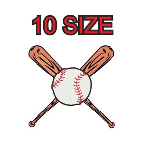 Peut inclure: Deux batte de baseball en bois brun croisées derrière un ballon de baseball blanc avec des coutures rouges. Le texte "10 SIZE" est au-dessus des battes.
