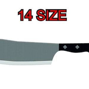 Op de afbeelding: Een slagermes met een zwarte handgreep, een grijs blad en een witte rand. De tekst "14 SIZE" staat boven het mes.