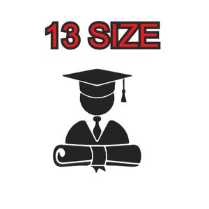 Könnte beinhalten: Schwarze Silhouette eines Absolventen, der eine Kappe und eine Robe trägt und eine Diplomurkunde hält. Der Text "13 SIZE" befindet sich über dem Absolventen.