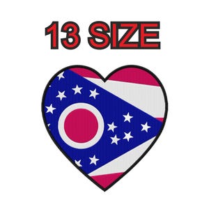 May include: A heart-shaped patch with the Ohio state flag design. The flag features a blue triangle with white stars, a red circle, and red and white stripes. The text "13 SIZE" is above the patch.