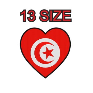 Peut inclure: Motif en forme de cœur rouge avec le drapeau de la Tunisie, comprenant un croissant de lune blanc et une étoile blanche à cinq branches. Le texte "13 SIZE" est au-dessus du cœur.