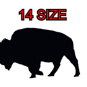 May include: Black silhouette of a bison with the text "14 SIZE" above it.