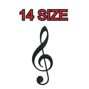 Peut inclure: Symbole de note de musique en clé de sol noire avec le texte "14 SIZE" en rouge au-dessus.