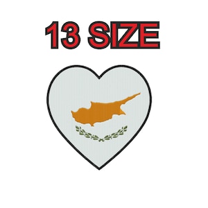 May include: A white heart with a black outline, featuring the flag of Cyprus. The flag depicts a yellow map of Cyprus on a white background with a green olive branch wreath. The text "13 SIZE" is written in red above the heart.