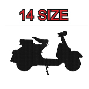Puede incluir: Silueta negra de una scooter vintage con el texto 14 size arriba.