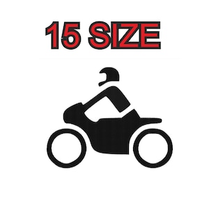 Peut inclure: Silhouette noire et blanche d'un motard portant un casque. Le texte "15 SIZE" est au-dessus de l'image.