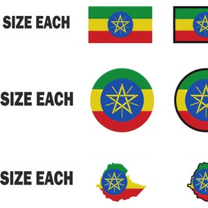 May include: A collection of embroidered patches featuring the Ethiopian flag. The patches are in various shapes, including rectangles, circles, and a map outline. The text "6 SIZE EACH", "5 SIZE EACH", and "1 SIZE EACH" is also present.