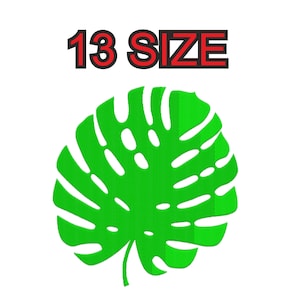 Peut inclure: Silhouette d'une feuille de monstera verte sur fond blanc. Le texte "13 SIZE" est au-dessus de la feuille.