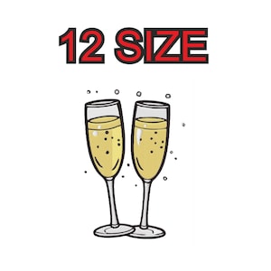 Peut inclure: Deux flûtes à champagne remplies de champagne jaune pétillant. Le texte "12 SIZE" est au-dessus des flûtes.