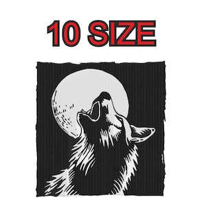 以下が含まれることがあります： 月に向かって吠えるオオカミの白黒のイラスト。オオカミは、白い月が後ろにある黒い背景にシルエットで描かれています。画像は「10 SIZE」というタイトルです。