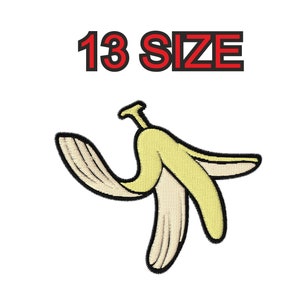 May include: A yellow banana peel with a black outline. The peel is curled up and has a brown stem. The text "13 SIZE" is above the banana peel.