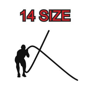 Peut inclure: Une silhouette d'une personne utilisant une corde de bataille noire. La corde est croisée sur elle-même et la personne tient la corde avec les deux mains. Le texte "14 SIZE" est en haut de l'image.