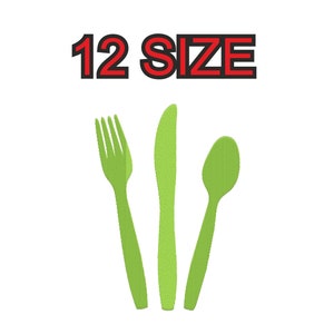Peut inclure: Un ensemble de 12 couverts en plastique vert, comprenant des fourchettes, des couteaux et des cuillères. Le texte "12 SIZE" est affiché au-dessus des couverts.