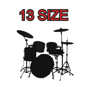 May include: A black silhouette of a drum set with a bass drum, two toms, a snare drum, and two cymbals. The text "13 SIZE" is above the drum set.