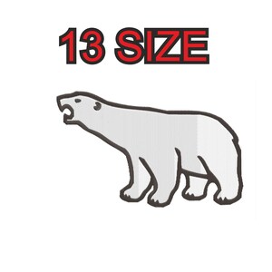 May include: A black and white line drawing of a polar bear with its mouth open, as if roaring. The image is labelled "13 SIZE".