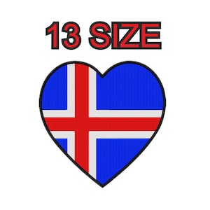 Peut inclure: Un patch en forme de cœur avec le drapeau de l'Islande. Le drapeau est bleu avec une croix blanche et une croix rouge. Le texte "13 SIZE" est au-dessus du patch.