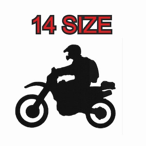 Könnte beinhalten: Schwarze Silhouette einer Person, die ein Dirtbike fährt. Der Text "14 SIZE" befindet sich über dem Bild.