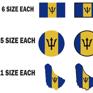Puede incluir: Seis tamaños diferentes de la bandera de Barbados, cinco tamaños diferentes de un círculo con la bandera de Barbados, y un tamaño del contorno de la isla de Barbados con la bandera de Barbados dentro. El texto "6 SIZE EACH", "5 SIZE EACH" y "1 SIZE EACH" se muestra a la izquierda de cada conjunto de imágenes.